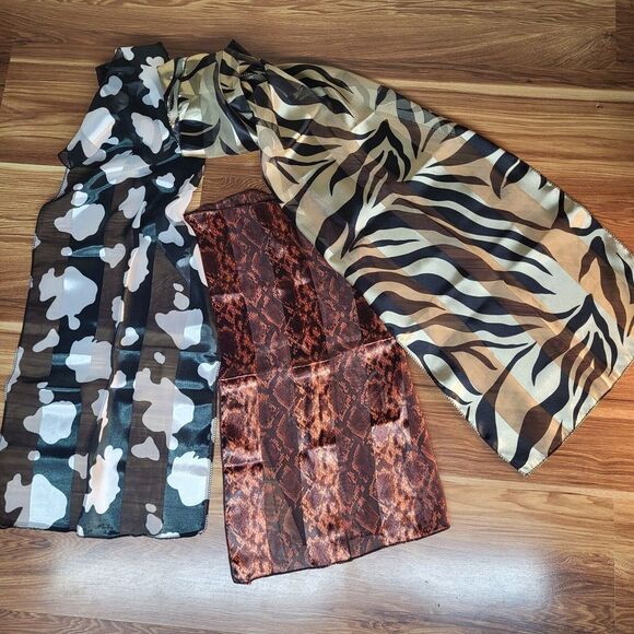 Lot Of 3 Animal Print Korean Scarves Snake Skin Tiger Cow Head Wraps Fashion - Picture 1 of 8